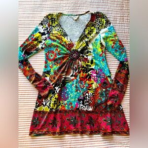 Beige By ECI Beaded V Neck Lone Sleeve Mini Dress Sz: M Artsy Hippie Festival